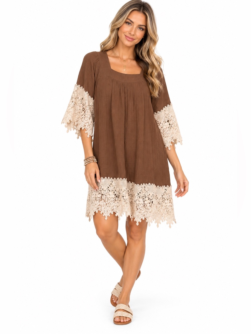 Umgee Brown Crochet-Trim Boho Dress - Women Size Small